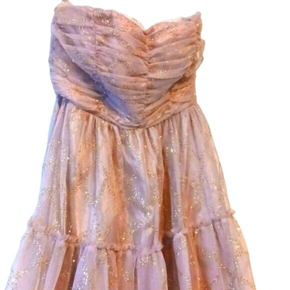 As U Wish Strapless Champaign Pink/Gold Shimmer Tulle Mini Dress Size 3 Juniors - Picture 2 of 14